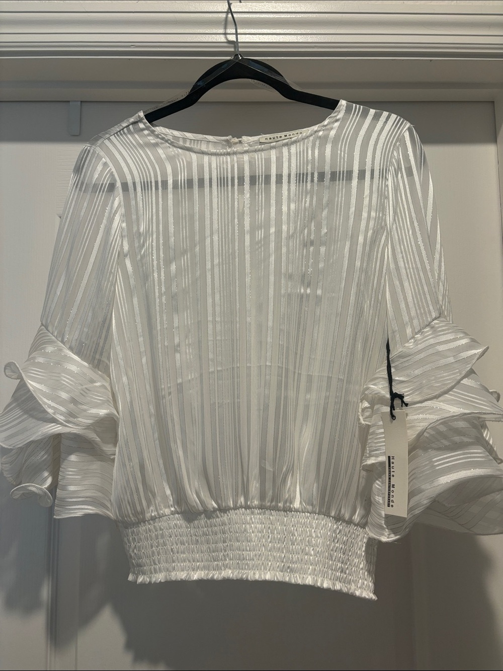 Haute Monde White Vertical-Stripe Ruffle Sleeve Blouse